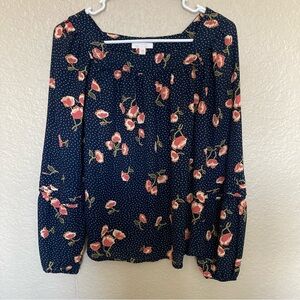 Navy Floral Blouse with Pink Accents